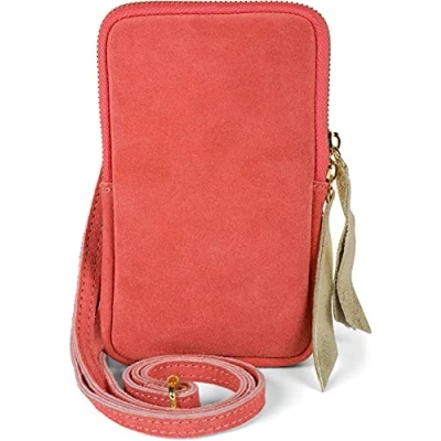 Abbildung von styleBREAKER Damen Leder Handy Umhängetasche aus weichem Veloursleder, Reißverschluss, Echtleder Mini Bag 02012373, Farbe:Koralle