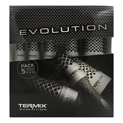 Abbildung von Termix Evolution Basic. Professionelle, thermische Rundhaarbürste mit ionisierter Hochleistungsfaser, speziell für mitteldickes Haar. Set 5 Haarbürsten. grau, schwarz