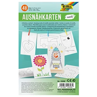 Abbildung von folia 2308 Ausnähkarten, weiß, mit 8 Motiven, einseitig bedruckt, 48 Blatt, ca. 11 x 17 cm, zum Ausmalen und Ausnähen, ideal für Kinder, Jungen Mädchen, Einstieg in die Handarbeit