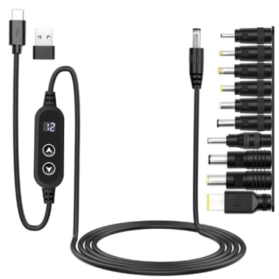 Abbildung von Hoembpn PD &amp; USB auf DC 5.5x2.1mm Adapterkabel 5V/9V/12V/15V/20V Einstellbare Spannung, mit 10 Steckern + Typ C Adapter, Geeignet für Laptops, Router mehr (1,2M)