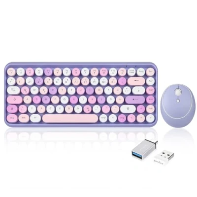 Abbildung von Perixx PERIDUO 713PP Kabellose Mini Tastatur und Maus Kombination Retro runde Tastenkappen Pastell Lila Flieder Deutsches QWERTZ Layout