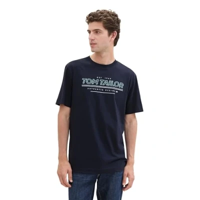Abbildung von TOM TAILOR Herren 1043284 Basic T Shirt mit Logo Print, 10668 Sky Captain Blue, L