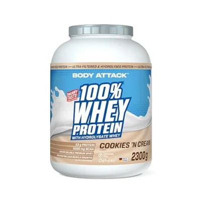 Abbildung von Body Attack 100% WHEY PROTEIN Cookies N Cream 2,3 kg Made in Germany Extra cremiges Eiweißpulver mit Hydrolysat &amp; BCAA&#039;s, unterstützt Muskelaufbau und Diäten Für Sportler Athleten