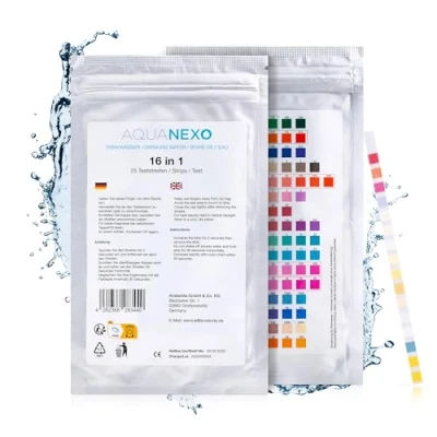 Abbildung von AQUANEXO 25 Wassertester Trinkwasser 16 in 1, pH Teststreifen, Wasserhärte messen, Wert Trinkwassertest