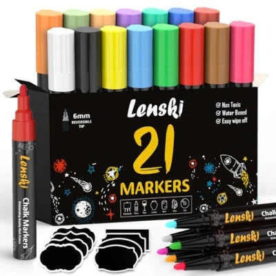 Abbildung von Lenski 21 Kreidestifte für Tafel Abwaschbar, Ostergeschenke Kinder Stifte 6MM Fenster, Whiteboard Kreidemarker Fensterstifte Fenstermalstifte Tafelstifte Fensterkreide Glasmalstifte