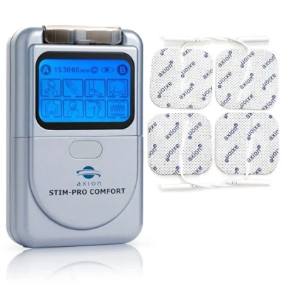 Abbildung von axion TENS Gerät STIM PRO Comfort zur Schmerztherapie 4 STK 5x5 cm Elektroden Pads Reizstromgerät für z.B. bei Arthrose, Arthritis, Nacken, Rücken, Gelenke Zert. Med. Produkt
