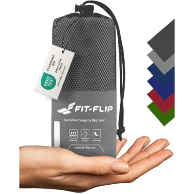 Abbildung von Fit Flip Hüttenschlafsack Ultraleicht, Mikrofaser Schlafsack Inlay mit extra Kissenfach, Inlett seidig weich, Reiseschlafsack als auch Innenschlafsack, Stahlgrau