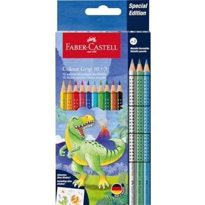Abbildung von FABER CASTELL 201545 Buntstifte Set Dino, 13 teilig, bruchsicher, inkl. 3 Metallic Stifte und Dino Sticker