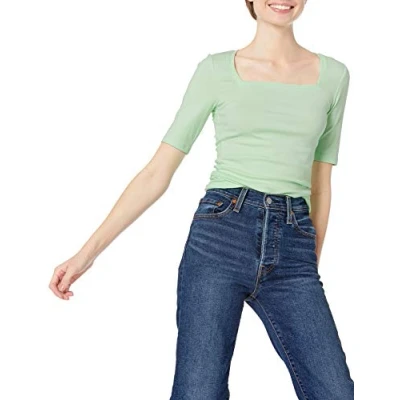 Abbildung von Amazon Essentials Damen Halbarm T Shirt mit eckigem Ausschnitt in schmaler Passform, Grün, S