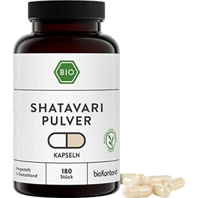 Abbildung von Shatavari Kapseln BIO 180 Stück vegane 1500 mg je Tagesdosis ohne Zusätze in Deutschland hergestellt bioKontor