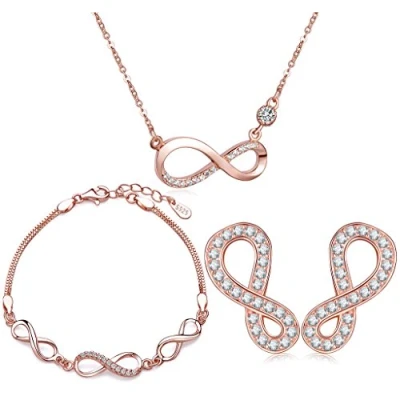 Abbildung von Yumilok Roségold 925 Sterling Silber Zirkonia Unendlichkeit Zeichen Charm Armband Halskette Ohrstecker Schmuck Set Armkette Kette Ohrringe für Damen Mädchen