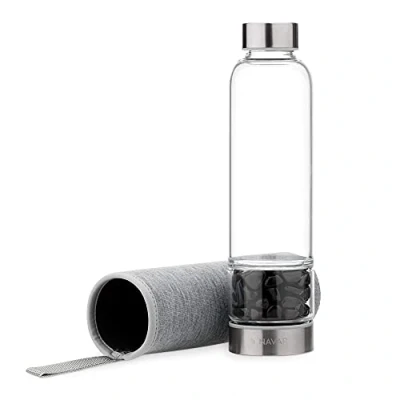 Abbildung von Navaris Wasserflasche mit Obsidian und Neoprenhülle 420ml Edelsteine Trinkflasche Hülle Kristall Flasche Glasflasche Wasser