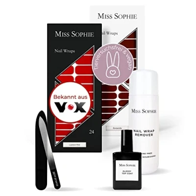 Abbildung von Original Miss Sophie’s Starterset I Selbstklebende Nagelfolien Nagelaufkleber in Burgundy &amp; Lipstick Red Langer Halt Schnelle einfache Anwendung Premium Nagellackfolie