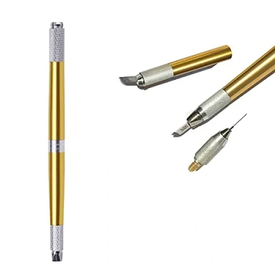 Abbildung von Pinkiou Tattoo Stift Augenbrauenfarbe Make up Microblading 3 Köpfe Manuelles Werkzeug Permanent Zubehör und Ausrüstung (Golden)