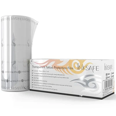 Abbildung von Inksafe Tattoo Protection Film 15cm x 10m Transparente Atmungsaktive Hautschutzauflage für Tätowierte Haut Gerollt