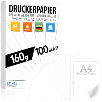 Abbildung von 100 BLATT weißes Druckerpapier 160g/m² PREMIUM PAPIER Reinweiß DIN A4 21 x 29,7 cm Weiss unbedruckt für Fotografie, Präsentationen, Basteln, Bewerbungspapier Made in Germany