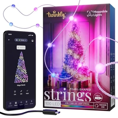Abbildung von Twinkly Strings USB C Pearls 100 LED, LED Lichterkette in Perlenform, RGB Lichter Mehrfarbig, zum Valentinstag, Kompatibel mit Alexa und Google Home, C, Transparentes Kabel, 6m