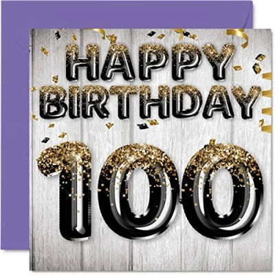 Abbildung von Geburtstagskarte zum 100. Geburtstag für Männer schwarze und goldene Glitzerballons Happy Karten 100 Jahre alten Mann Papa Großvater Opa Gran 145 mm 1 Hundert Grußkarten Geschenk