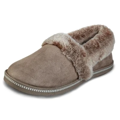 Abbildung von Skechers Damen Flache Hausschuhe, Stoff, Dark Taupe Microfiber Suede Faux Fur Line, 38.5 EU