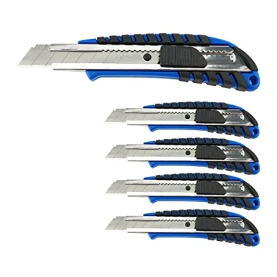 Abbildung von D.RECT 2049 SET 5 Stücke Cuttermesser mit Metallführung Klinge 18mm gummiertem Griff Teppichmesser Universalmesser Profi Cutter/Messer, Blau