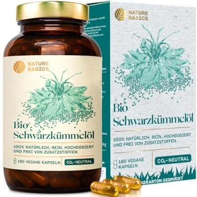 Abbildung von Bio Schwarzkümmelöl 180 Kapseln hochdosiert / 500 mg hochwertiges &amp; 250 Linolsäure je Kapsel Vegan, Zertifiziert Nachhaltig im Glas