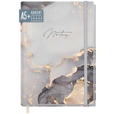 Abbildung von paper&amp;you® Notizbuch A5+ kariert mit Gummiband [Grey Marble] 156 Seiten, 78 Blatt als Bullet Journal, Tagebuch, Notizheft nachhaltig &amp; klimafreundlich