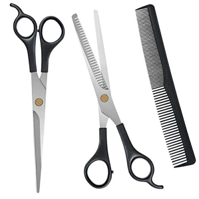 Abbildung von URAQT Haarschere Set, 2 Scharfe Professionell Scheren Sets, Licht Einseitiger Effilierer, Friseurscheren, Haarschneideschere, Kamm, für Damen,Herren,Kinder,Haustier, Schwarz