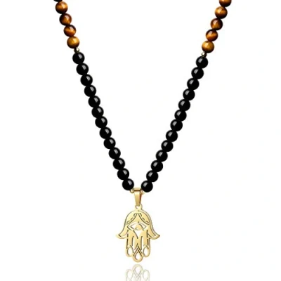 Abbildung von COAI Unisex Verstellbare 108 Mala Yoga Kette Buddhistische Halskette Gebetskette aus Tigerauge und Obsidian mit Fatimas Hand Anhänger