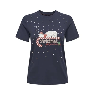 Abbildung von ONLY Damen Onlxmas Life Yrsa Christmas S/S Top JRS T Shirt, Night Sky/Print:Sleeping Candycane, Small