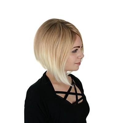 Abbildung von Prettyland Damen Ombré Haar Weiß blond Kurz Bob kurzhaar Perücke mit 3 farb coloration Strähnen C533