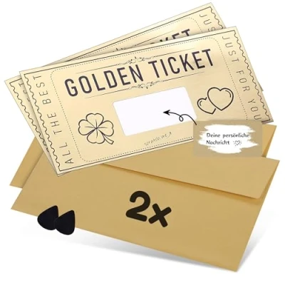 Abbildung von DasWas 2x Goldenes Ticket Geschenk Gutschein zum Selber Auffüllen mit Rubbelaufkleber Rubbellose &amp; Gutscheinkarten Machen Personalisiertes im funkelndem Umschlag + Rubbelwerkzeug