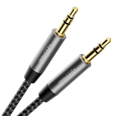 Abbildung von deleyCON 5m Nylon 3,5mm Klinke Audio Stereo AUX Kabel Klinkenkabel Audiokabel Nylonkabel Metallstecker Handy Smartphone Tablet Kopfhörer HiFi Receiver Schwarz
