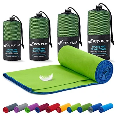 Abbildung von Fit Flip Mikrofaser Handtuch kompakt, leicht und schnelltrocknend Microfaser Handtücher als Reisehandtuch, Sporthandtuch, Strandtuch Badetuch groß (50x110cm, Grün mit Dunkelblauen Rand)
