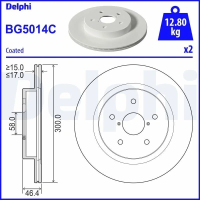 Abbildung von DELPHI BG5014C Bremsscheibe 300 17 5 Belüftet, voll beschichtet ohne Radlager, ABS Sensorring SUBARU: Outback V, WRX Saloon, Levorg I