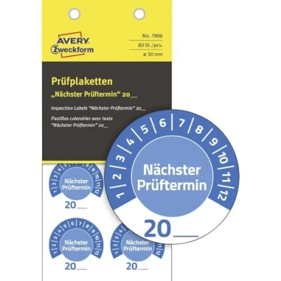 Abbildung von AVERY Zweckform 80 Stück Prüfplaketten Nächster Prüftermin 20xx (mit Jahreszahl zum selber eintragen, widerstandsfähig, selbstklebend, Ø 30 mm, Prüfaufkleber, Prüfsiegel aus Vinyl) 7906 blau
