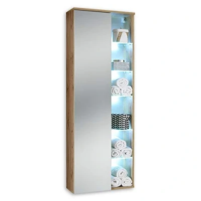 Abbildung von BEST Badezimmer Hängeschrank mit LED Beleuchtung in Wildeiche Optik Badezimmerschrank Bad Schrank viel Stauraum 55 x 160 30 cm (B/H/T)