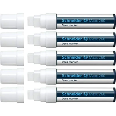 Abbildung von Schneider Maxx 260 Kreidestift (5 + 15 mm Strichstärke, feucht abwischbar, wasserbasiert, geruchsneutral) 5er Pack weiß