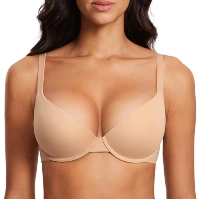 Abbildung von DOBREVA Damen Push Up Bügel BH Soft T Shirt BHS mit Licht Gepolstert Komfort Sexy Warmes Beige 80B