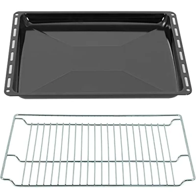 Abbildung von ICQN Backbleche &amp; Gitter mm Set 465 x 370 30 mm, Emailliert Fettpfanne, Verchromt Backofenrost und Emaille Backblech für Backofen Herd, Gitterrost 375 Schwarz
