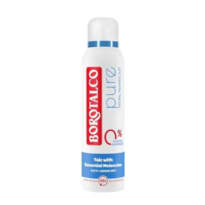 Abbildung von Borotalco Pure Natural Bodyspray 48 Stunden Wirksamkeit Talc with Essential Molecules Formel gegen Schweiß und Gerüche 0% Aluminiumsalze (ACH) Alkohol