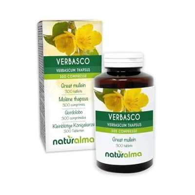 Abbildung von Kleinblütige Königskerze (Verbascum thapsus) Blüten und Blätter Naturalma 150 g 300 Tabletten Nahrungsergänzungsmittel Natürlich Vegan