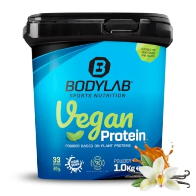 Abbildung von Bodylab24 Vegan Protein Vanille Karamell 1000g, 100% veganes Proteinpulver aus Ackerbohnen, Erbsen und Kürbiskernprotein, mit 80g Eiweiß je 100g Pulver, ideal für den Muskelaufbau erhalt