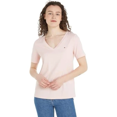 Abbildung von Tommy Hilfiger Damen T Shirt Kurzarm Modern Regular V Ausschnitt, Rosa (Whimsy Pink), S