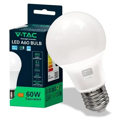 Abbildung von V TAC E27 Schraubglühbirne, 15W A60 LED Glühbirne, 3000K Warmweiß, 806 Lumen Nicht dimmbar, Thermoplastisches Gehäuse, 200 Abstrahlwinkel, Weiß