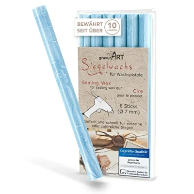 Abbildung von gravurART Siegelwachs flexibel für Wachspistole Stilvoll Briefe versiegeln mit dem 6er Pack Wachs Siegelstempel in Hellblau perlmutt 7 mm