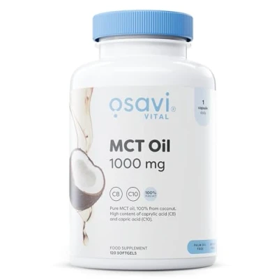 Abbildung von Osavi MCT Oil, 1000mg 120 Weichkapseln Hohe Konzentration an Caprylsäure (C8) und Caprinsäure (C10) 100% Kokosöl, palmölfrei Umweltfreundliche BioPET Verpackung.