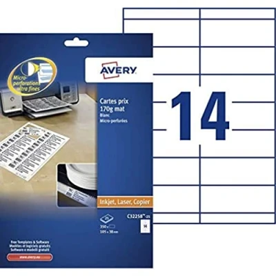 Abbildung von AVERY Zweckform C32258 25 Regalschilder (blanko, beidseitig bedruckbar, matt weiß, extra feine Mikroperforation, Blatt) zum Selbstbedrucken auf allen Druckern