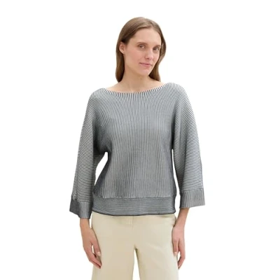Abbildung von TOM TAILOR Damen 1042967 Pullover mit Fledermaus Ärmeln, 36338 Navy Striped Knit Design, XL