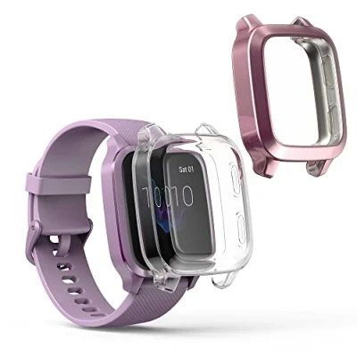 Abbildung von kwmobile 2X Schutzhülle kompatibel mit Garmin Venu Sq Music/Sq Hülle Fullbody Cover Set aus Silikon Transparent Altrosa