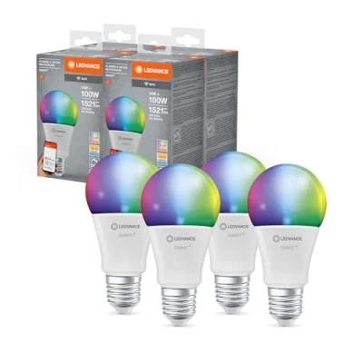Abbildung von LEDVANCE Smarte LED Lampe mit WiFi Technologie, Sockel E27, Dimmbar, Lichtfarbe änderbar (2700 6500K), RGB Farben änderbar, ersetzt Glühlampen 100 W, SMART+ Classic Multicolour, 4er Pack
